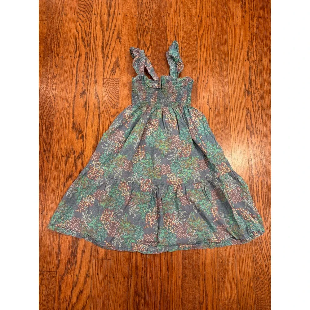 Tea Collection Girls Teal Floral Smocked Tiered Midi Dress Ruffle Straps Size 5